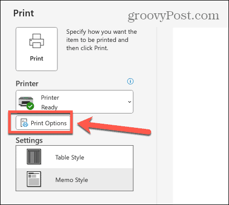 opzioni di stampa di Outlook