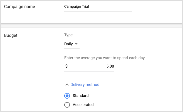 Aggiungi il nome e il budget della campagna in Google AdWords.