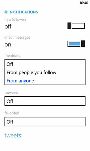 impostazioni di notifica Twitter di Windows Phone