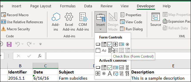 inserisci casella di controllo sviluppatore Excel