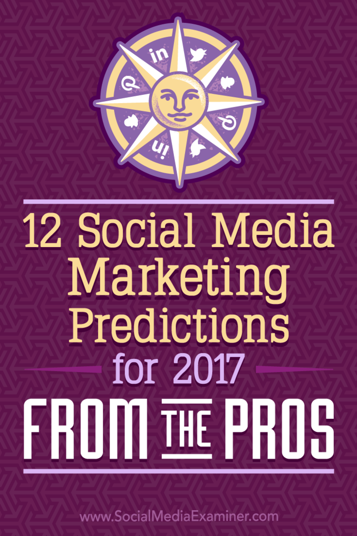 12 previsioni di social media marketing per il 2017 dai professionisti di Lisa D. Jenkins su Social Media Examiner.