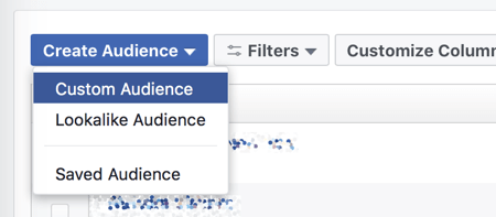 Crea un pubblico personalizzato in Facebook Ads Manager.