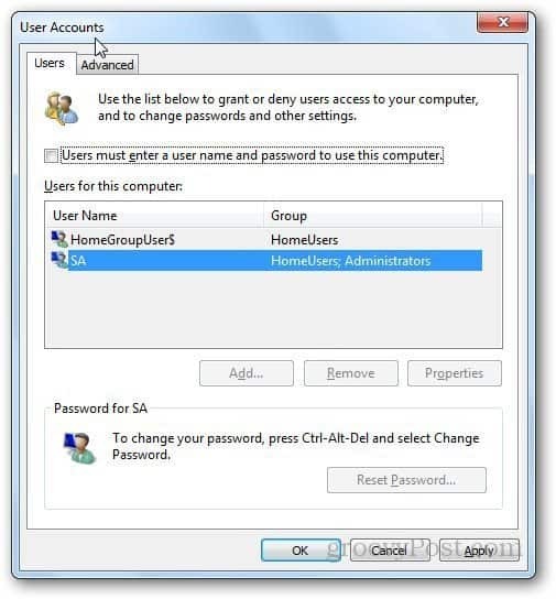 Accesso a Windows 7 automaticamente 1
