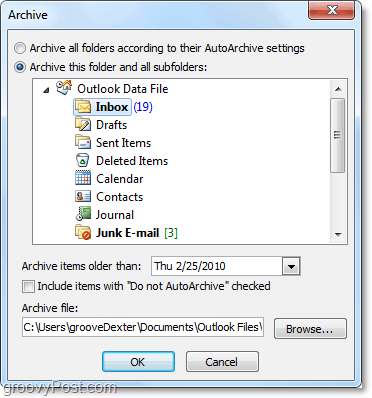 impostazioni di archiviazione manuali in Outlook 2010