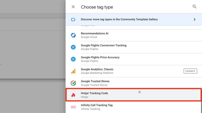 nuovo tag google tag manager con opzioni di menu scegli tipo di tag con il codice di monitoraggio hotjar evidenziato