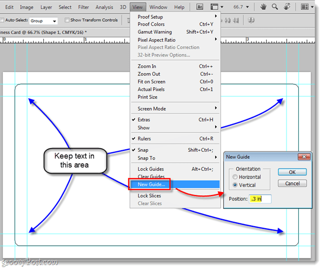 guide interne per biglietti da visita per Photoshop