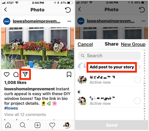 Per aggiungere un post pubblico alla tua storia di Instagram, apri il post, tocca l'icona dell'aeroplano sotto l'immagine, quindi seleziona Aggiungi post alla tua storia dal menu a comparsa.