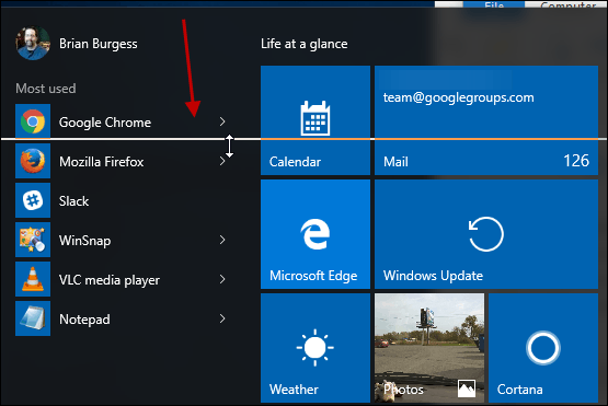 Ridimensiona il menu Start di Windows 10