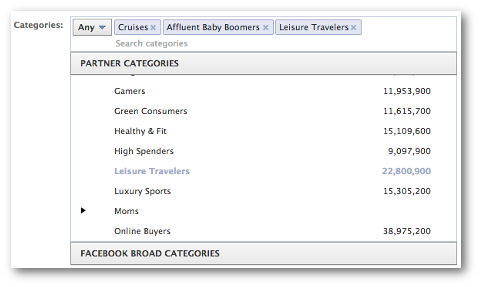 selezionare le categorie di partner di Facebook