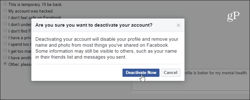 Verifica la disattivazione dell'account FB