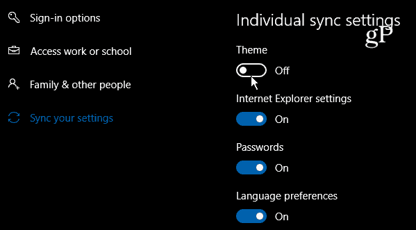 Windows 10 Impostazioni di sincronizzazione individuali