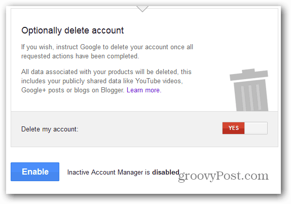 Google Inactive Account Manager abilita l'eliminazione