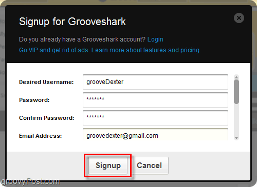 Processo di iscrizione a Grooveshark