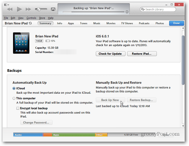 Backup dell'iPad tramite iTunes