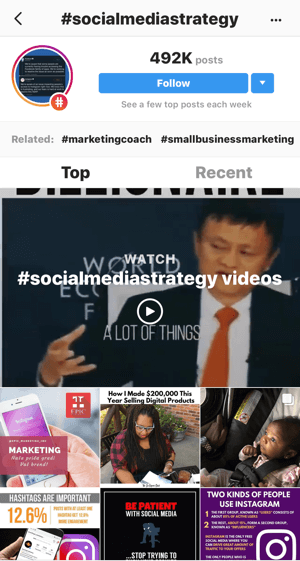 Come far crescere strategicamente il tuo seguito su Instagram, passaggio 11, trovare post di esempio pertinenti, ricerca di esempio per i video "#socialmediastrategy"