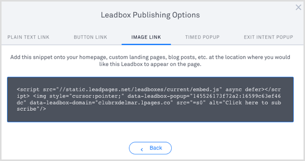 LeadPages leadbox pubblica il codice 
