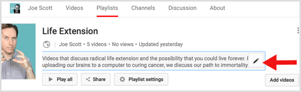YouTube modifica la descrizione della playlist
