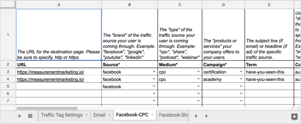 Apri la scheda Facebook-CPC del foglio di calcolo di UTM Builder.