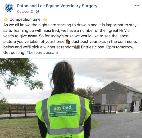 Esempio di post su Facebook con un concorso di Paton e Lee Equine Veterinary Surger.