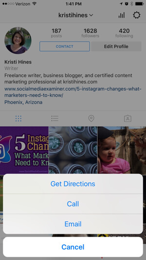 Opzioni di contatto del profilo aziendale di Instagram