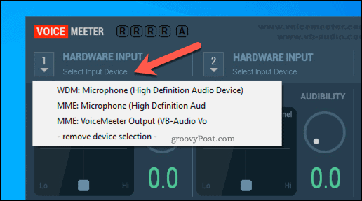 Selezione di un'opzione di input hardware di VoiceMeeter
