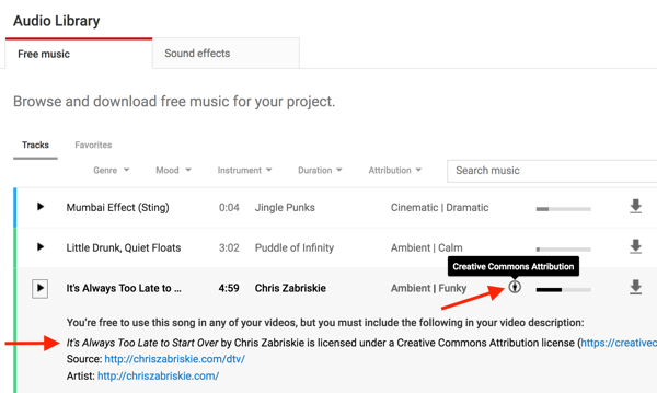 I file musicali nella Raccolta audio di YouTube noteranno se devi dare credito al creatore originale.