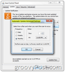 Schermata: scheda di aggiornamento del pannello di controllo Java mensile