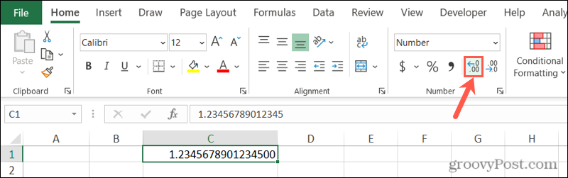 Interrompi l'arrotondamento dei numeri di Excel con il pulsante Aumenta decimali