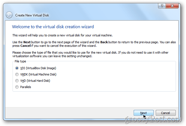 VirtualBox seleziona il tipo di immagine del disco della scatola virtuale windows 8