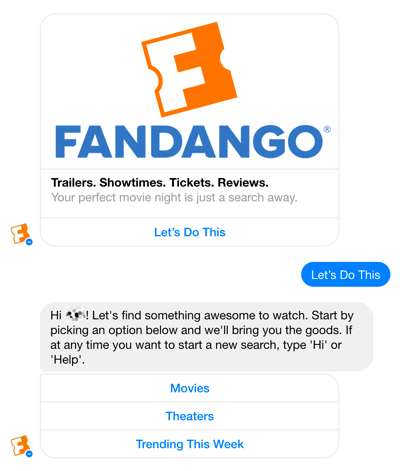 Il chatbot di Facebook Messenger di Fandango aiuta gli utenti a selezionare i film.