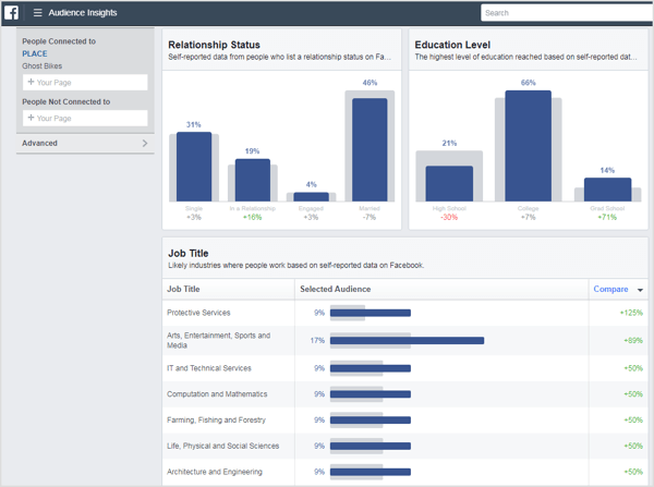 Audience Insights fornisce una visione completa di più statistiche personali come lo stato della relazione, il livello di istruzione, la qualifica professionale e così via.