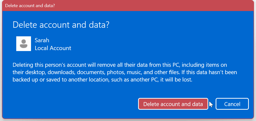 Elimina un account utente su Windows 11