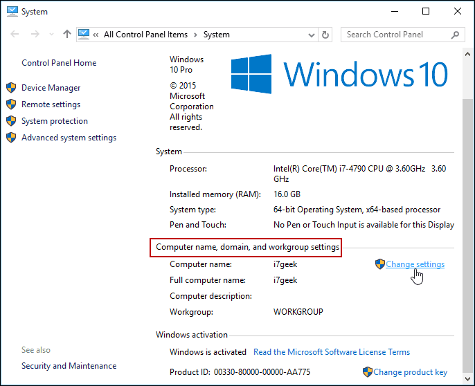 Modifica impostazioni Pannello di controllo di Windows 10