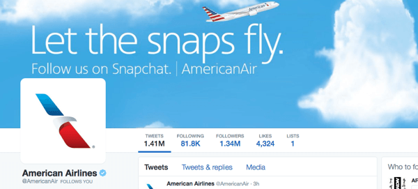 immagine Twitter di American Airlines con Snapchat