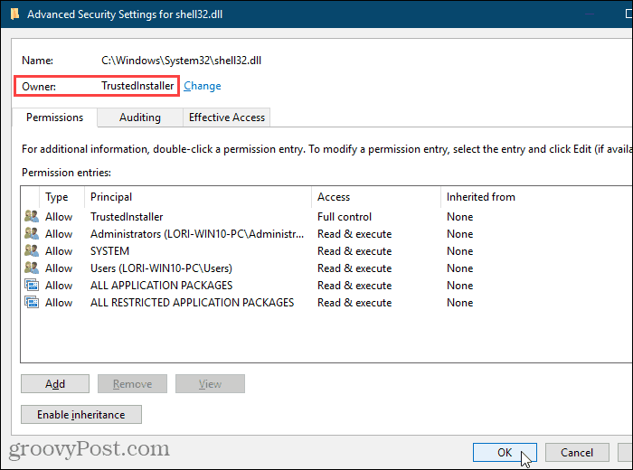 Chiudi la finestra di dialogo Impostazioni di sicurezza avanzate nell'Editor del registro di Windows