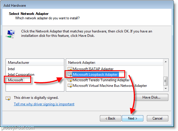 Schermata di rete di Windows 7 selezionare microsoft> microsoft loopback adapter