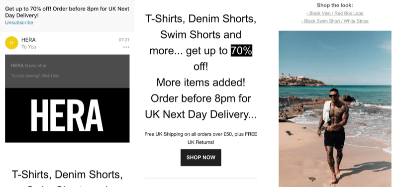Strategia di social media marketing; Screenshot di una grande campagna di email marketing di vendita flash di Hera London (marchio di moda).