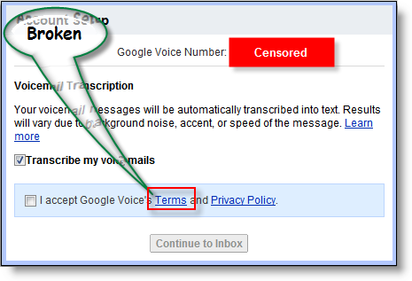 Collegamento ai Termini di servizio di Google Voice interrotto