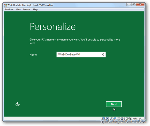 VirtualBox Windows 8 personalizza il nome del PC di installazione