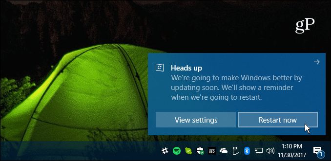 Riavvio dell'aggiornamento cumulativo di Windows 10 richiesto