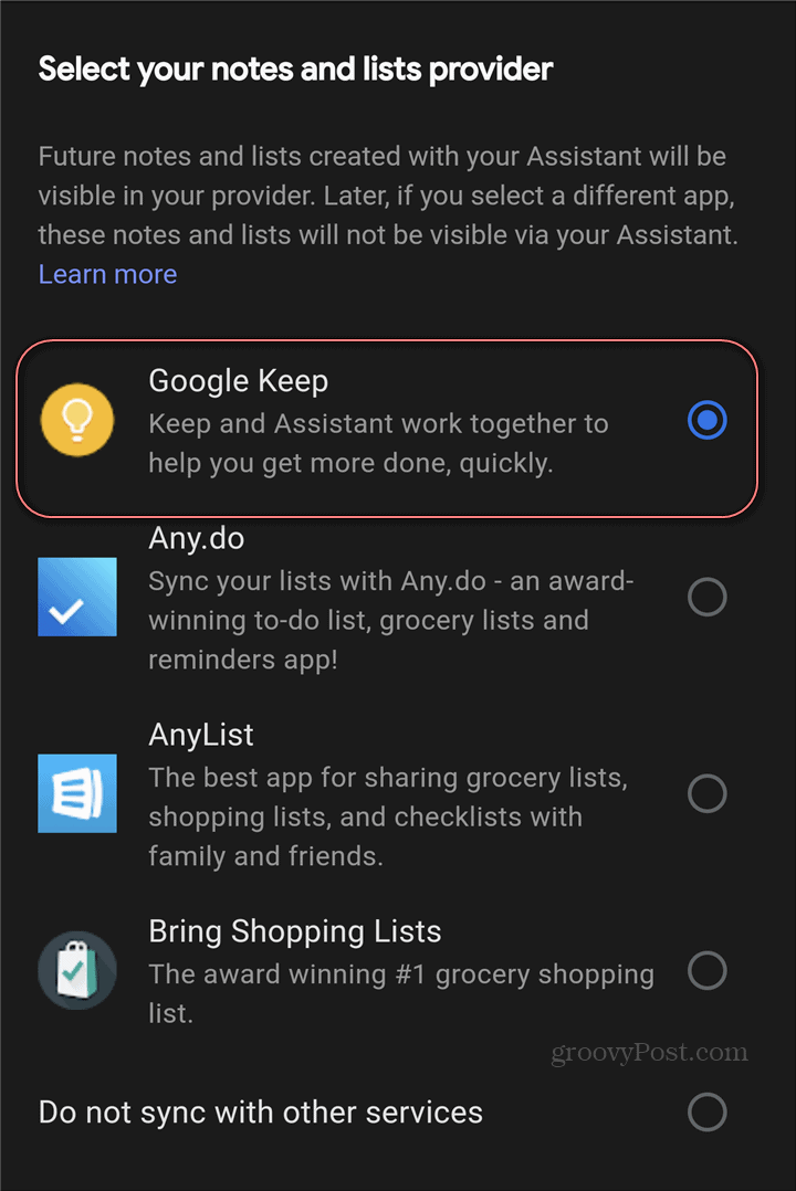 Provider di note per le impostazioni dell'Assistente Google Google Keep