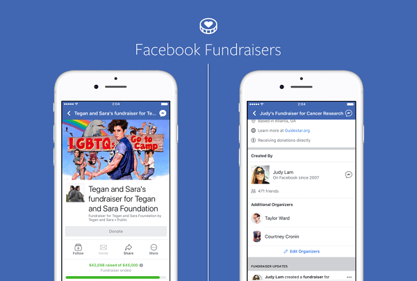 Le pagine Facebook per marchi e personaggi pubblici possono ora utilizzare le raccolte fondi di Facebook per raccogliere fondi per cause senza scopo di lucro e le organizzazioni senza scopo di lucro possono fare lo stesso sulle proprie pagine.