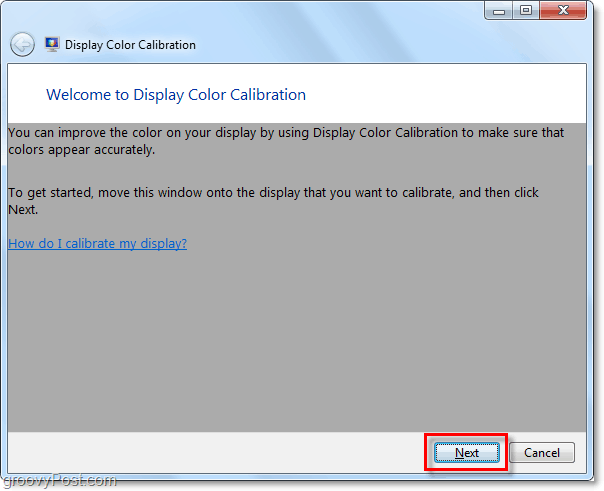 Windows 7 visualizza la finestra di benvenuto per la calibrazione del colore