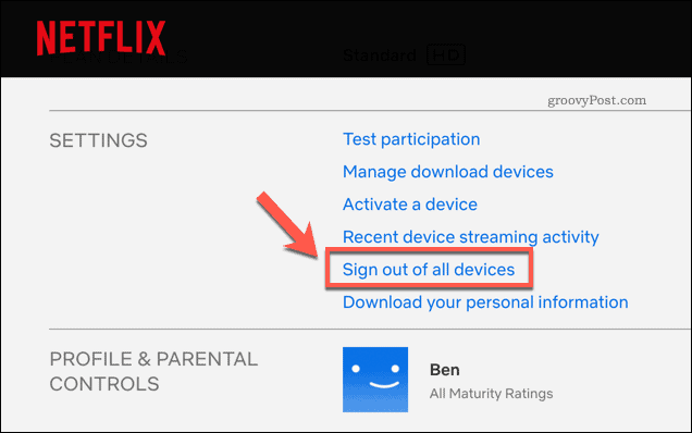 Esci da tutti i dispositivi Netflix nella pagina delle impostazioni dell'account Netflix