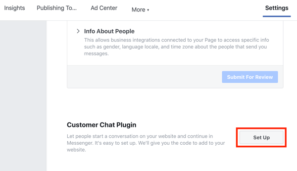Utilizza Google Tag Manager con Facebook, passaggio 9, imposta il plug-in della chat dei clienti di Facebook