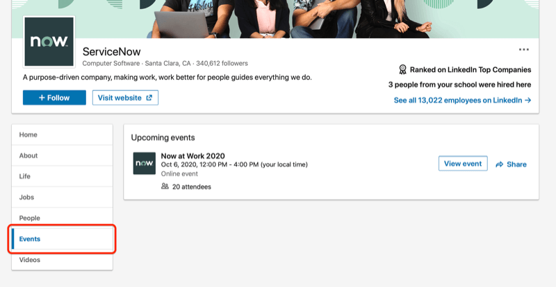 screenshot della pagina aziendale di LinkedIn che evidenzia la scheda dell'evento per quella società