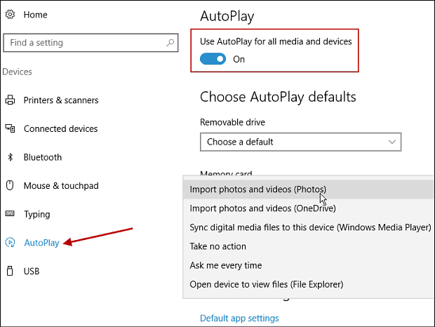 Gestisci AutoPlay nell'aggiornamento dell'anniversario di Windows 10