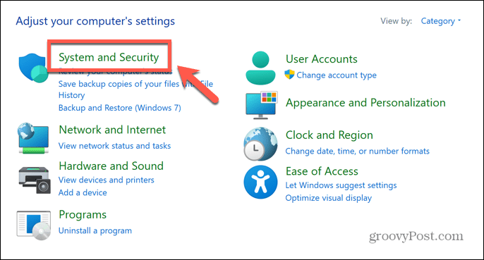 sistema di pannello di controllo di Windows e sicurezza