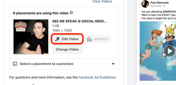 Opzione Modifica video per l'annuncio video di Facebook