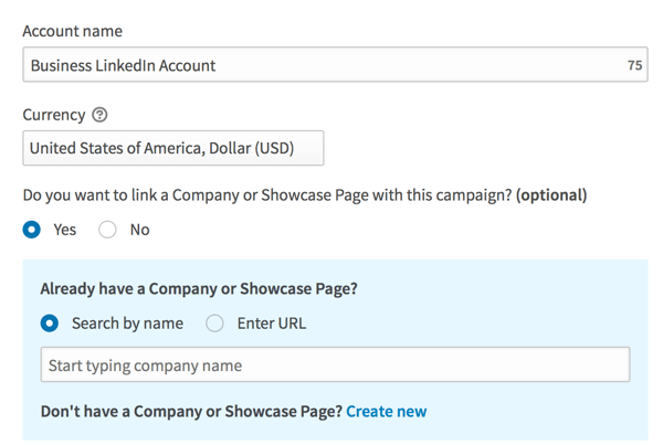 Compila i dettagli per configurare il tuo account pubblicitario LinkedIn.